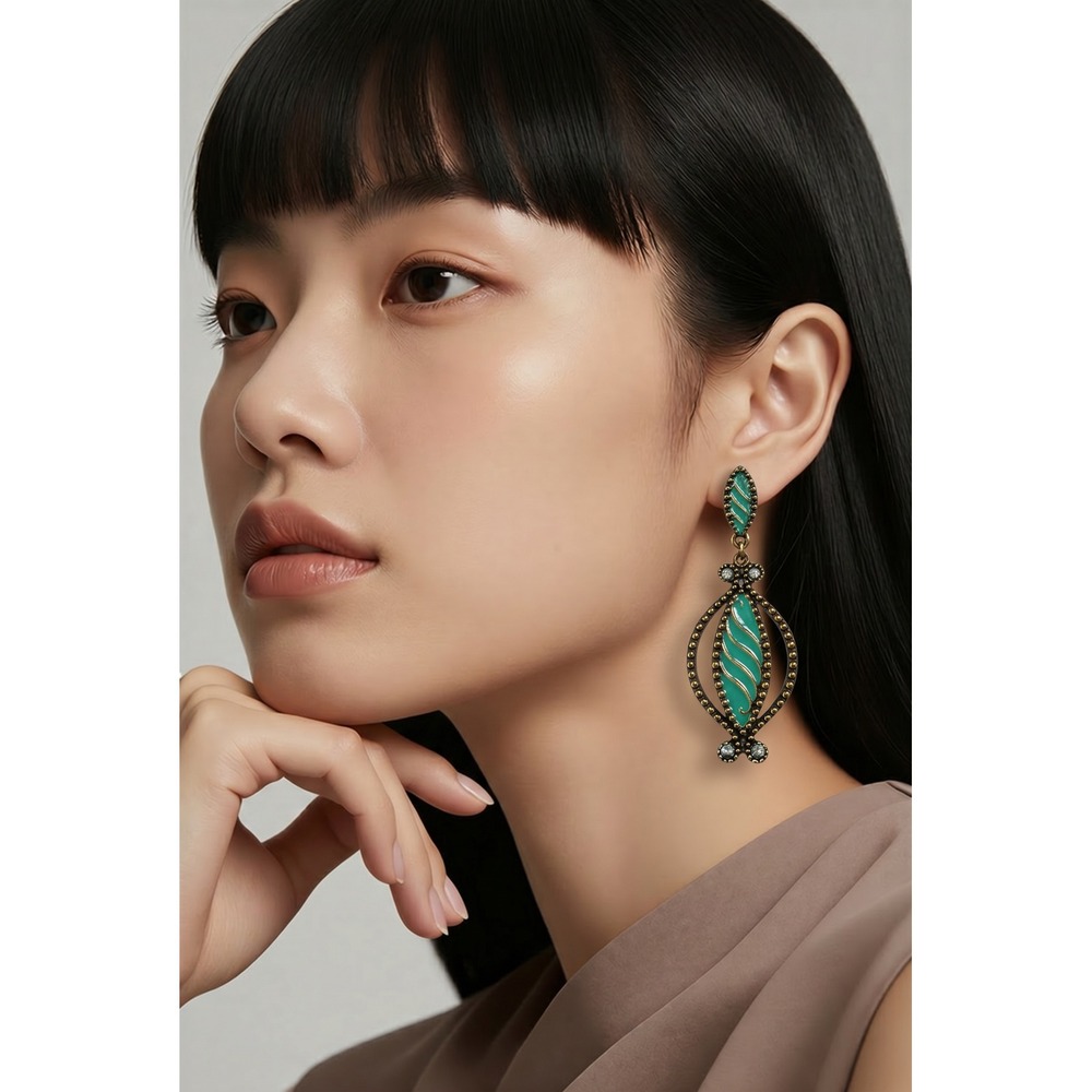 Vintage Style Teal Enamel Gold Tone Drop Earrings Bohemian Crystal Accents